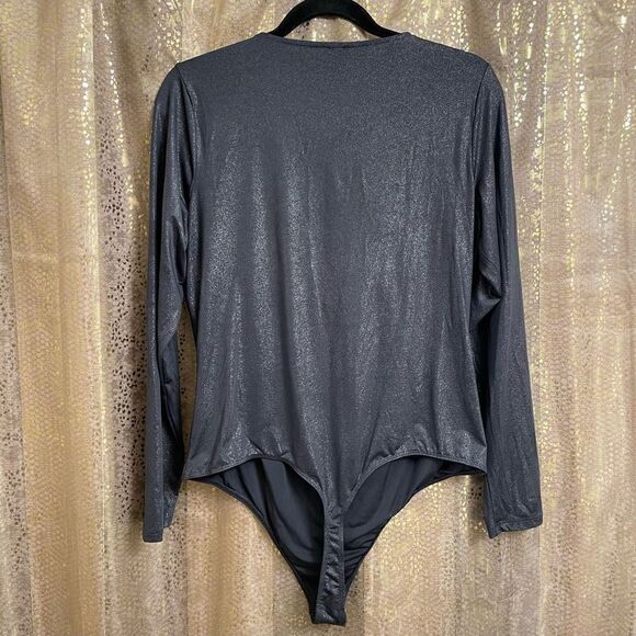 Express Gray Silver Body Contour Metallic Twist Front Long Sleeve Bodysuit, XL - Picture 2 of 7
